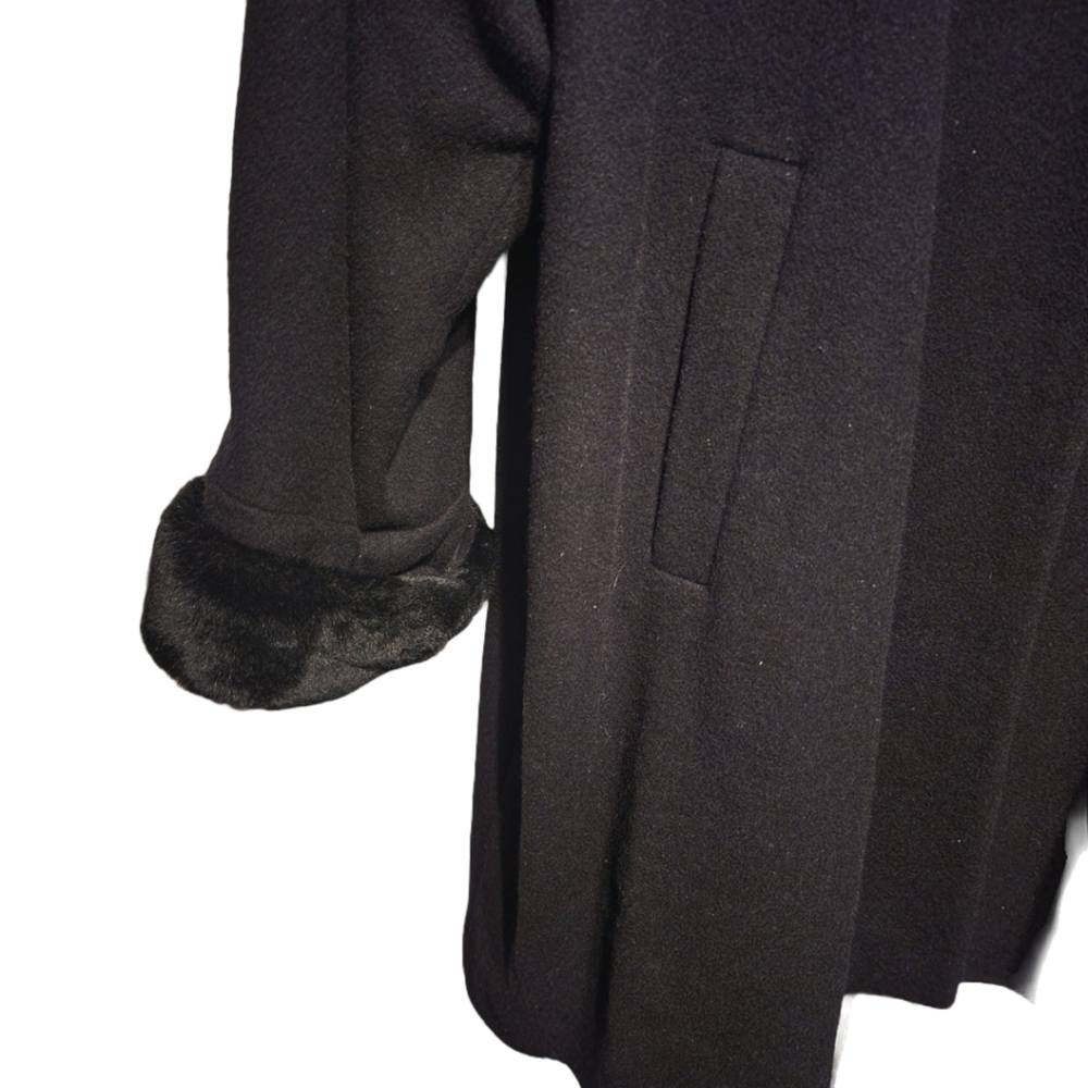 Albert Nipon Black 100% Wool Coat W/Faux Fur Trim… - image 3